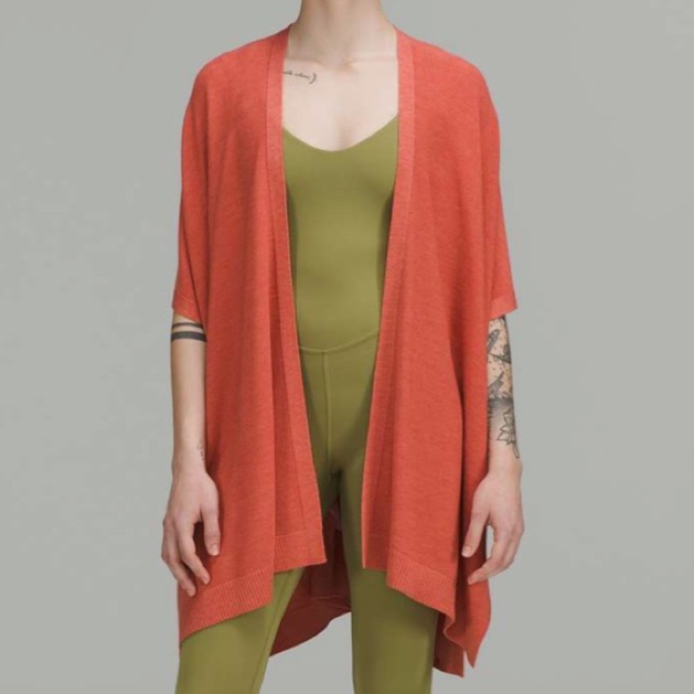 LULULEMON NWT MERINO WOOL SHORT SLEEVE WRAP SWEATER YOGA HEATHERED RED ROCK M/L